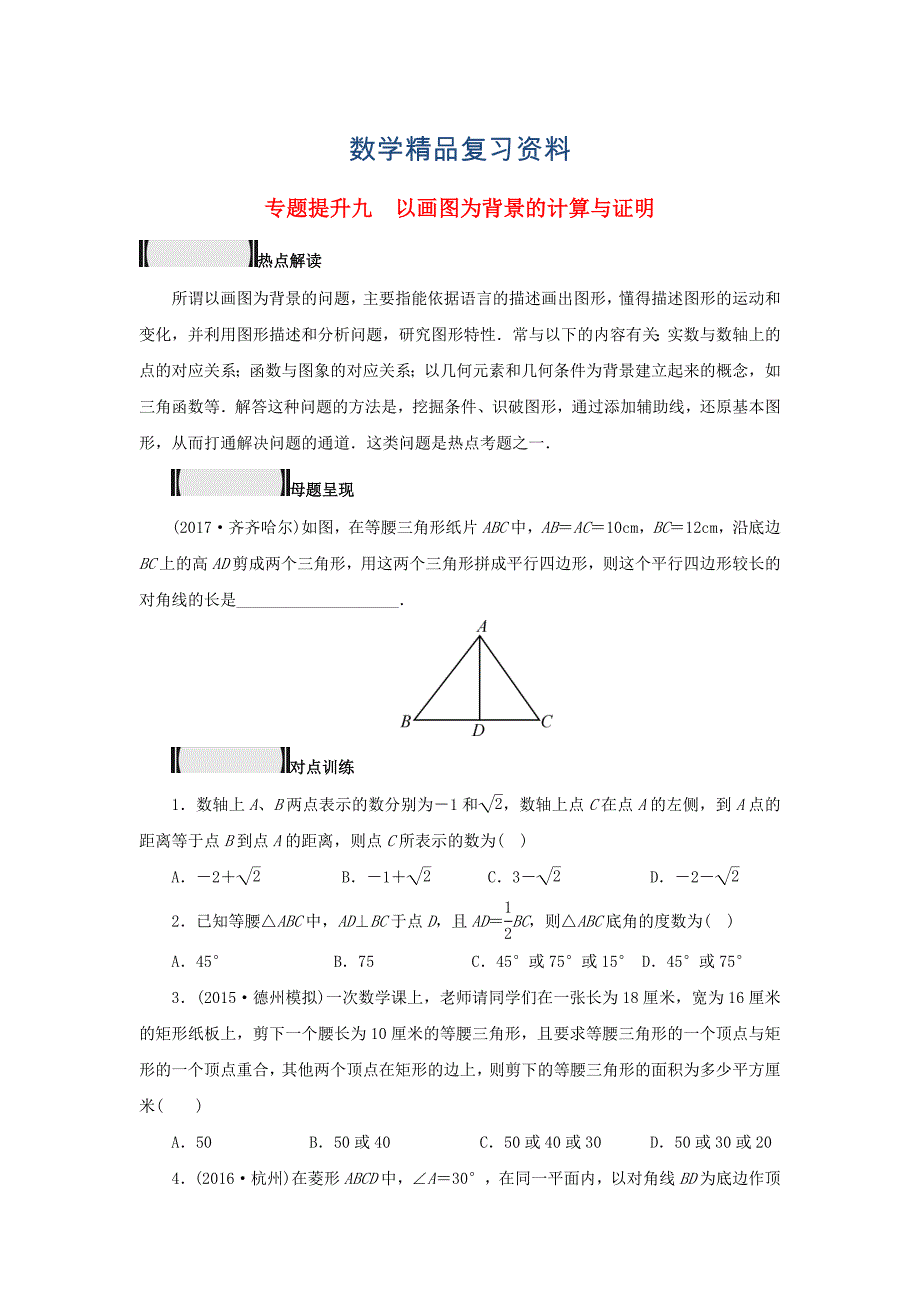 浙江省 中考数学总复习专题提升九以画图为背景的计算与证明试题_第1页