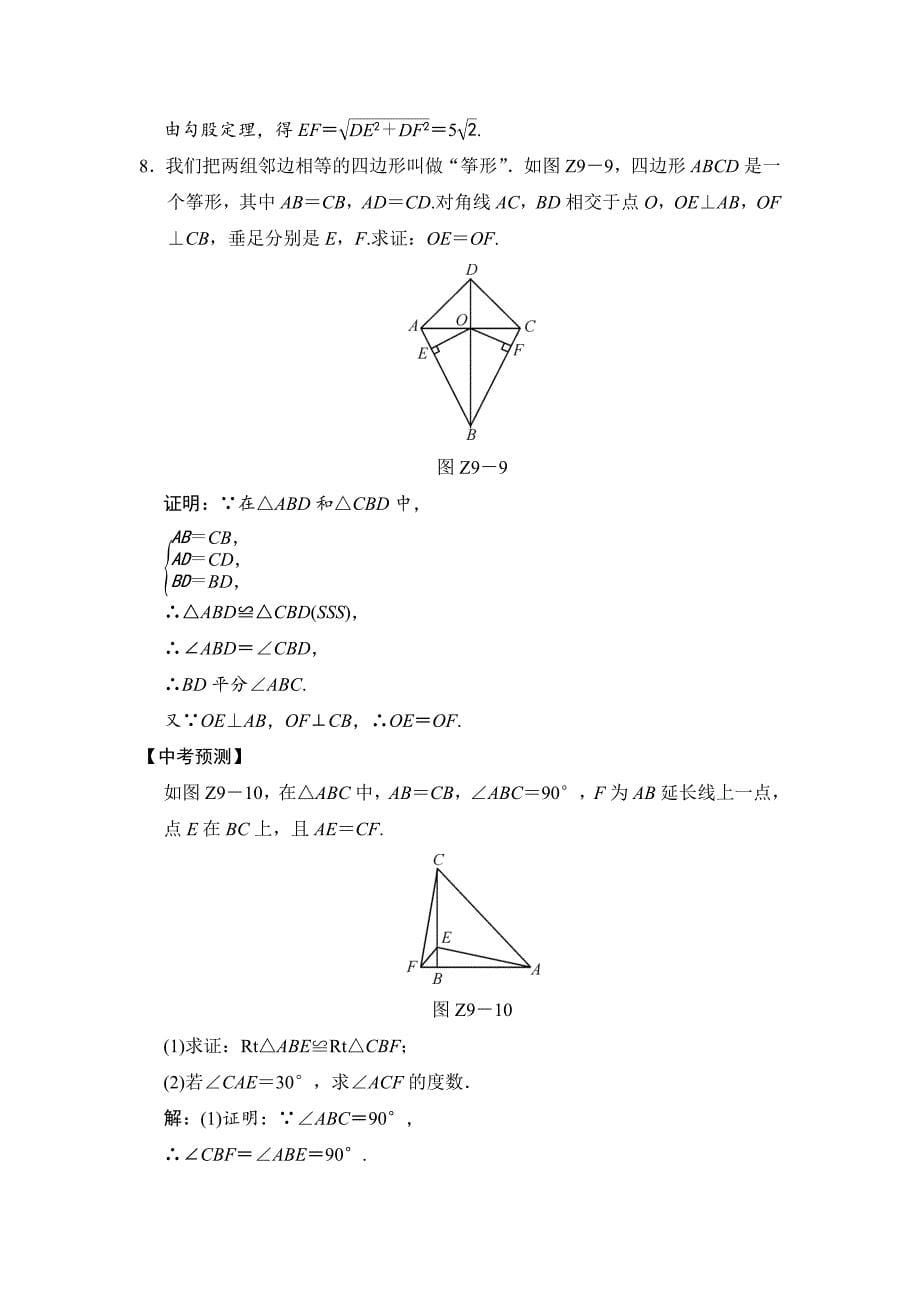 【最新资料】数学中考：专题提升(九) 以全等为背景的计算与证明_第5页