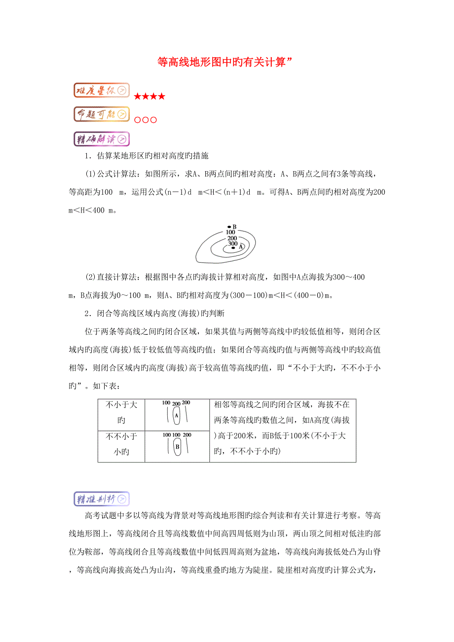 2022高三地理最易错考点系列考点等高线地形图中的相关计算知识点_第1页
