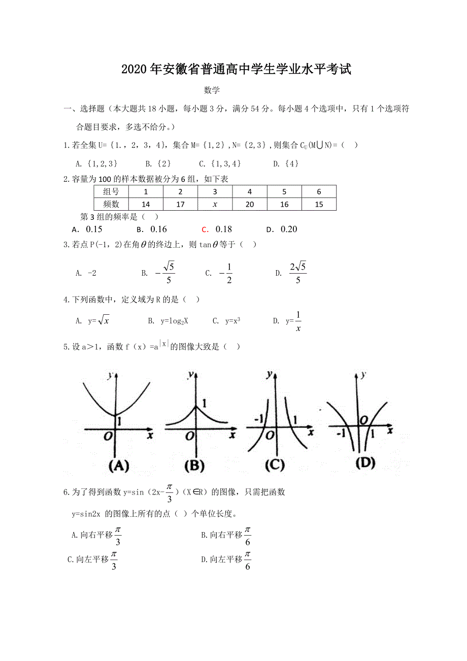 2020年安徽省学业水平测试数学试卷_第1页