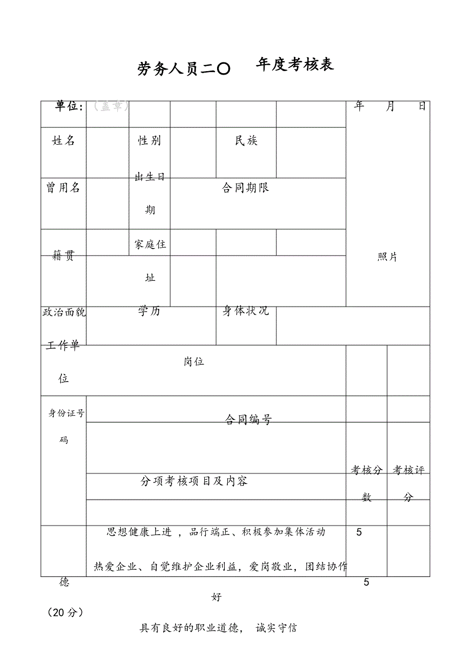 劳务人员年度考核表_第1页