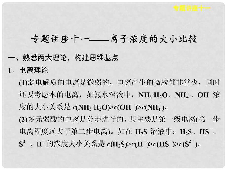 高考化学大一轮复习展示 专题讲座11 离子浓度的大小比较课件_第1页