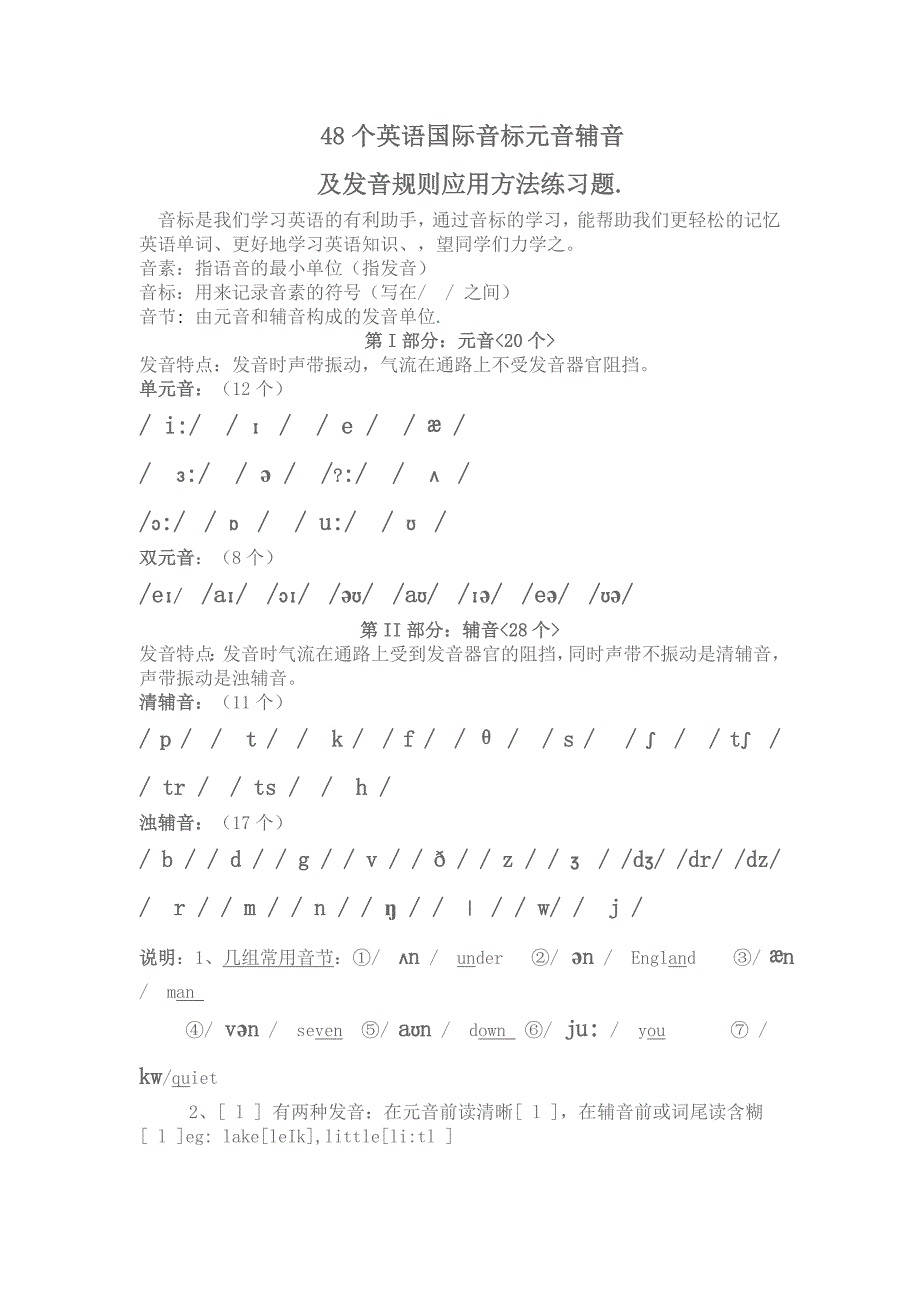 48个英语国际音标元音辅音及发音规则应用方法练习题_第1页