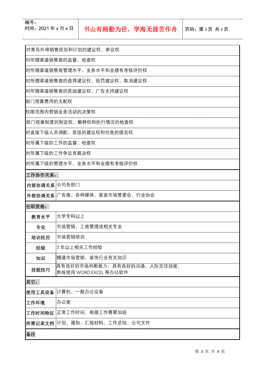 乾坤木业公司营销规划部部长岗位说明书_第3页