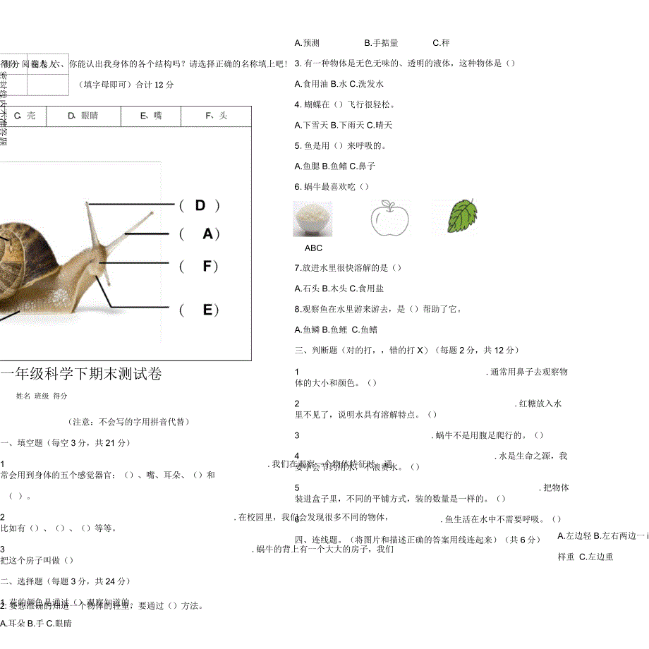 教科版小学科学一年级下册科学期末考试卷_第4页