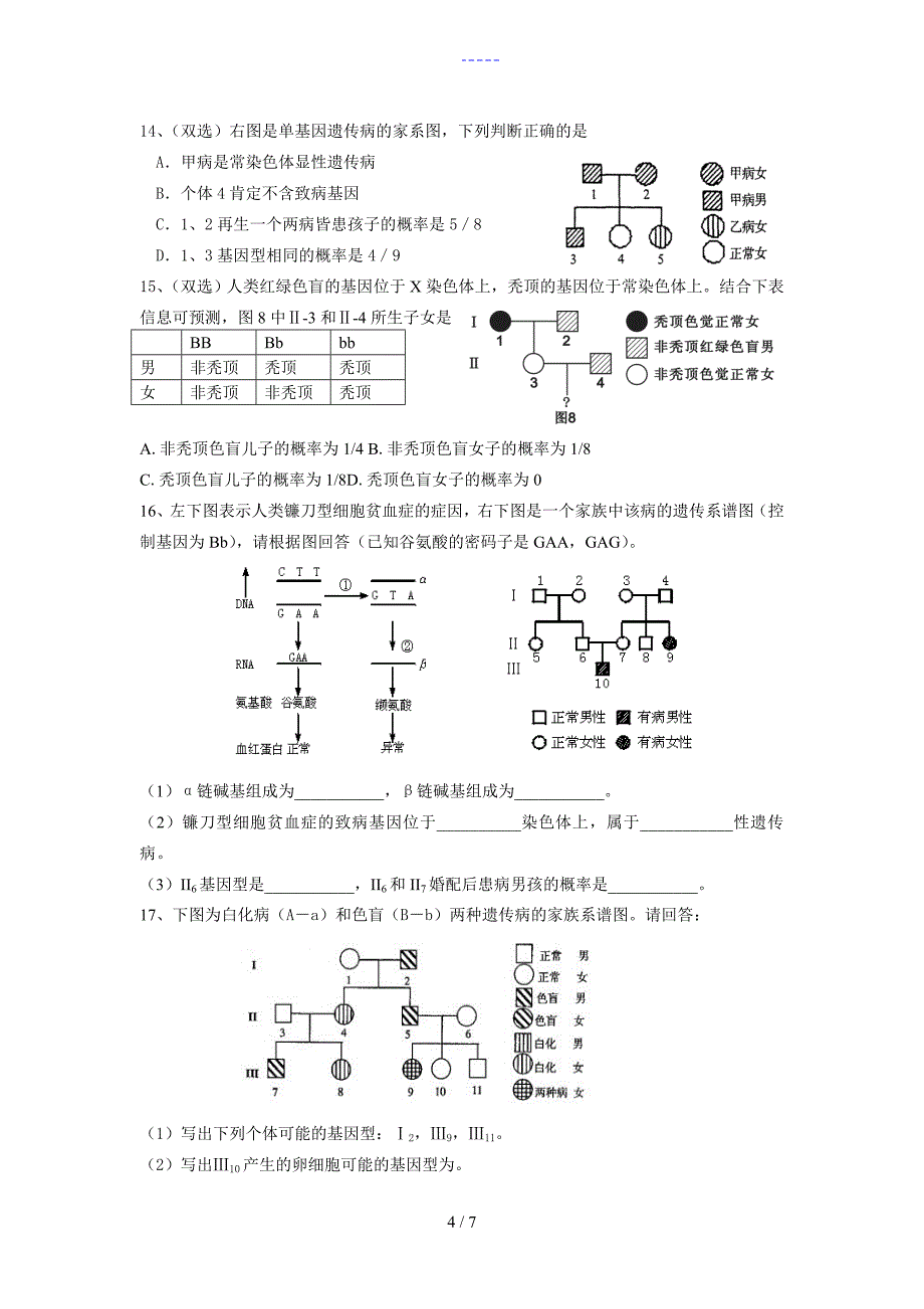伴性遗传和人类遗传病专题练习题集与答案解析_第4页