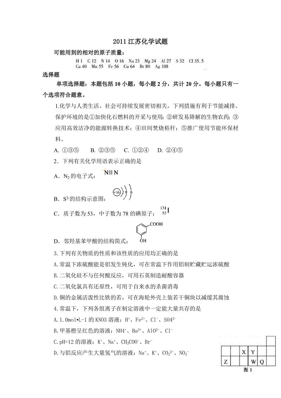 2011江苏高考化学试题及答案.doc_第1页