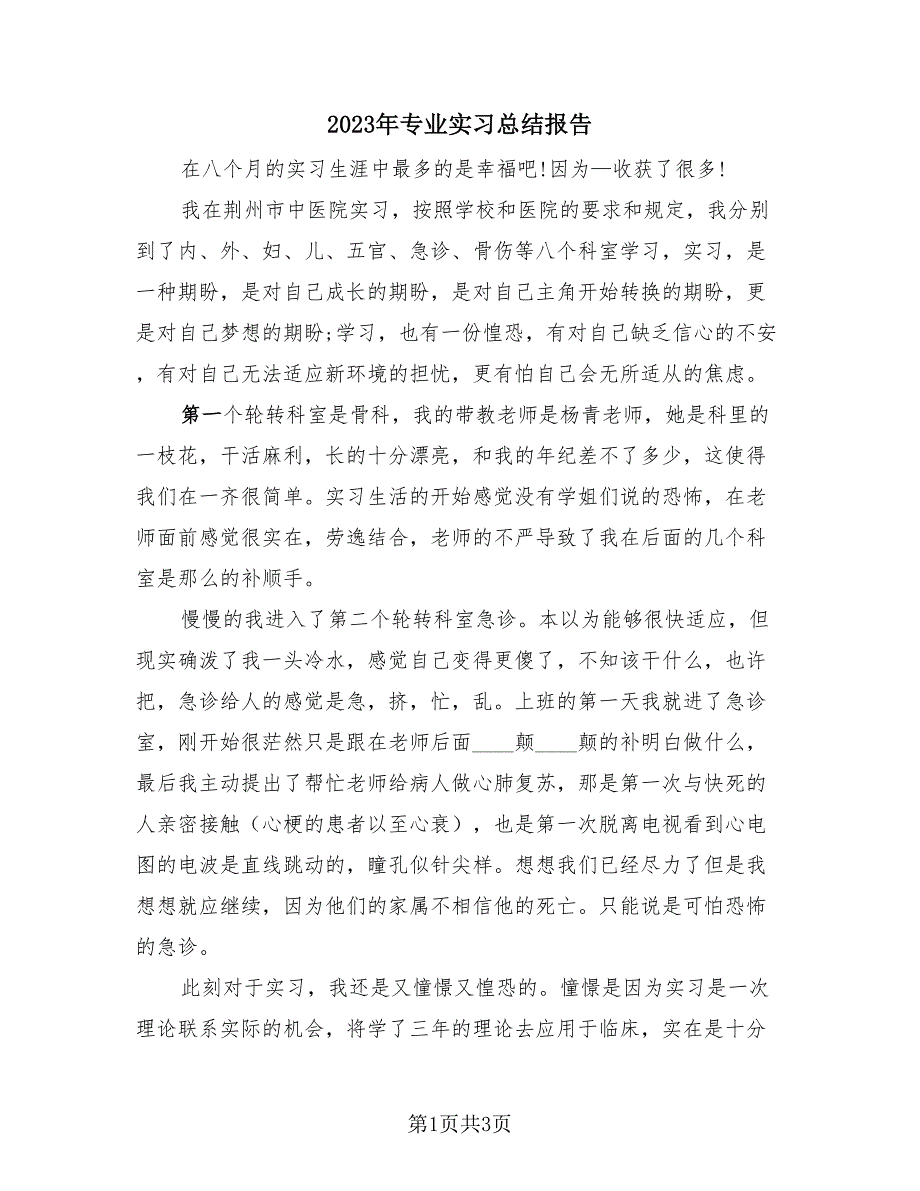 2023年专业实习总结报告（2篇）.doc_第1页