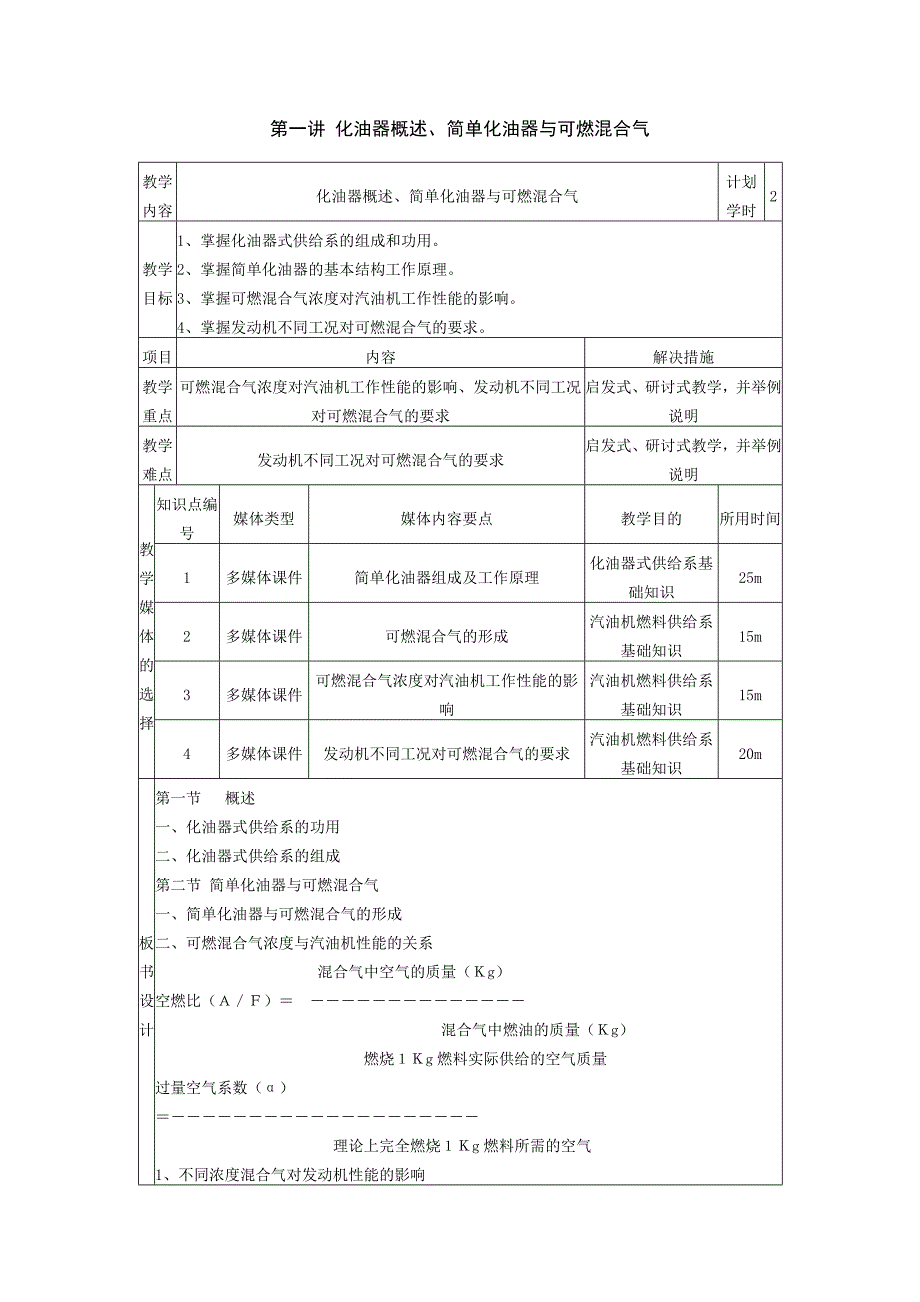 汽车发动机构造及检修教案第六单元化油器式供给系_第1页