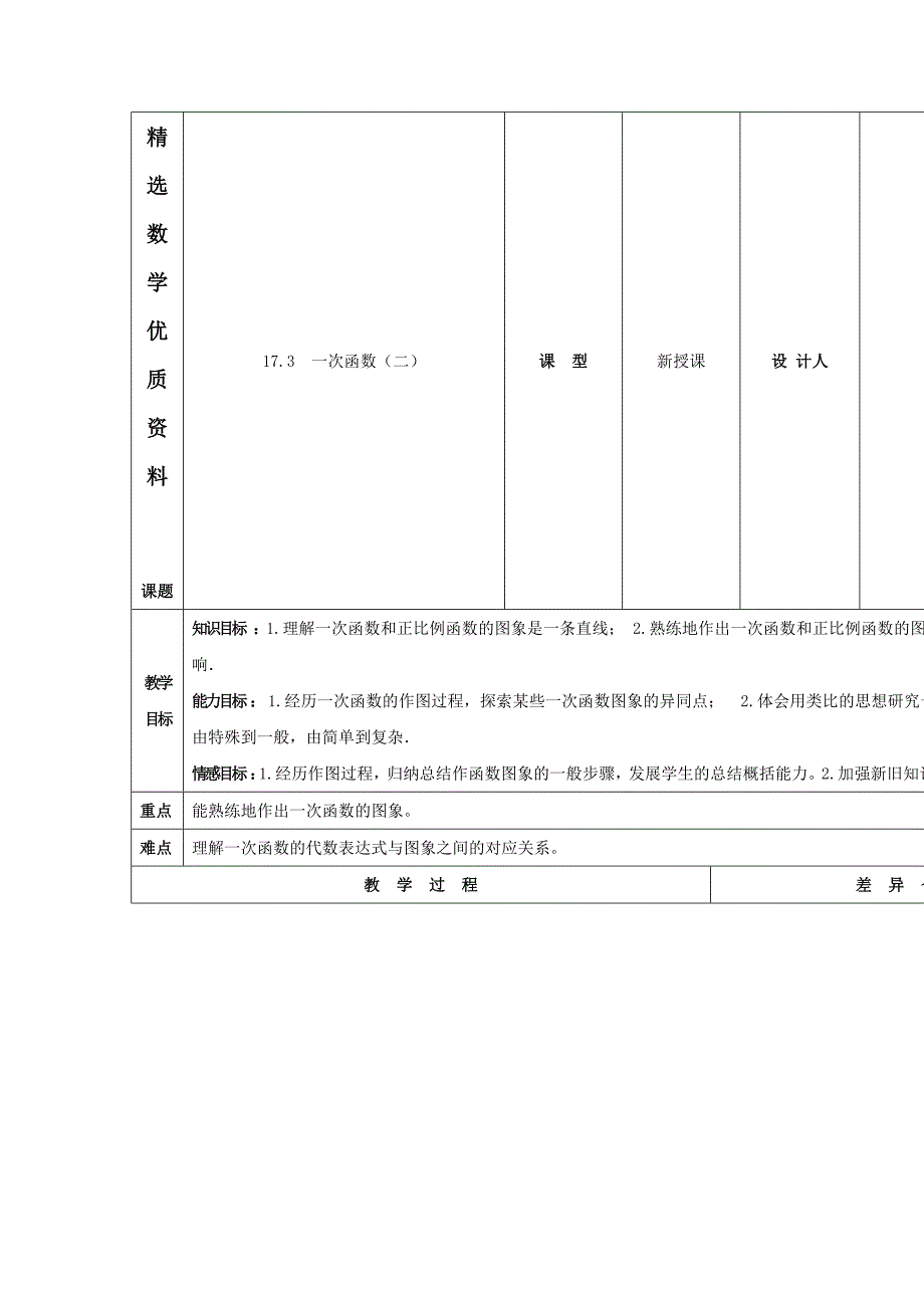 [最新]华师大版八年级数学下册：17.3一次函数2教案_第1页