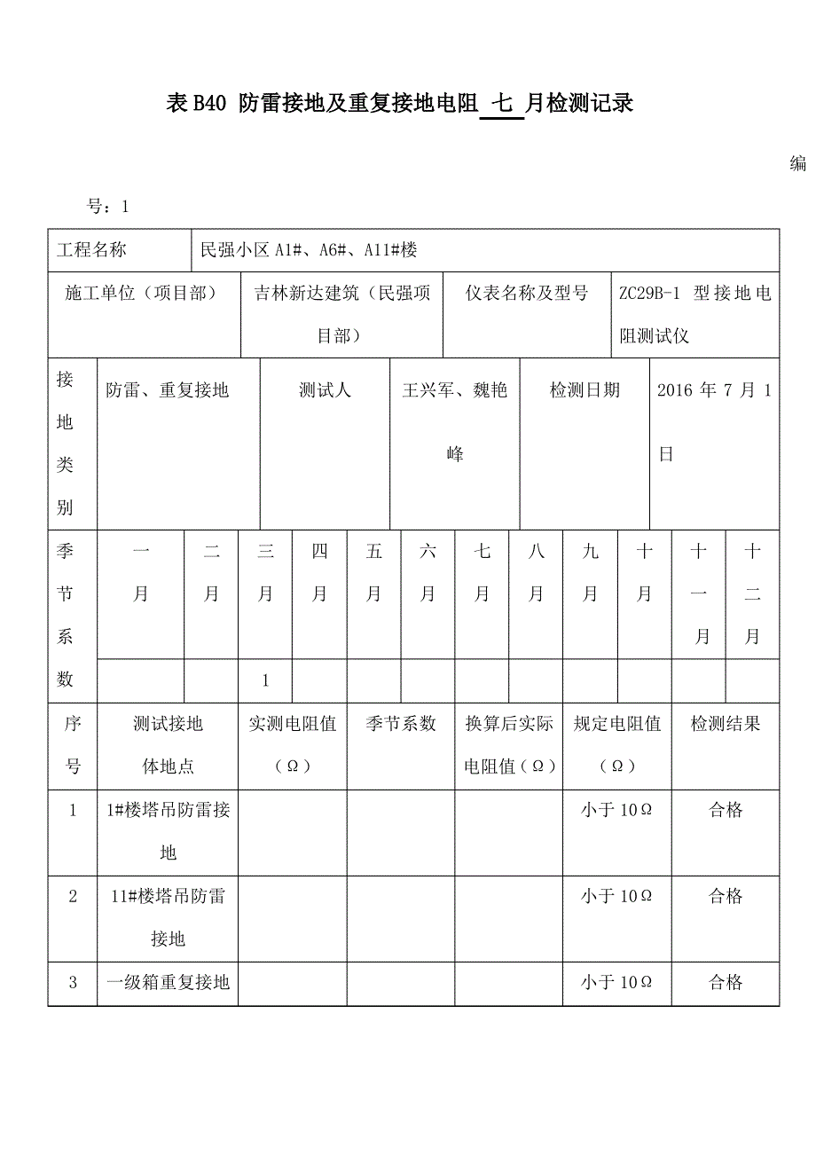 表B 防雷接地及重复接地电阻 检测记录_第1页