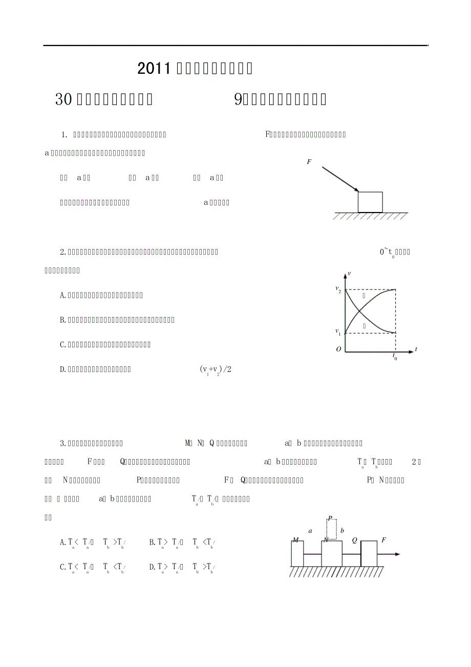 2011年高三物理一轮复习30分钟基础习题突破(9)牛顿运运定律的应用_第1页
