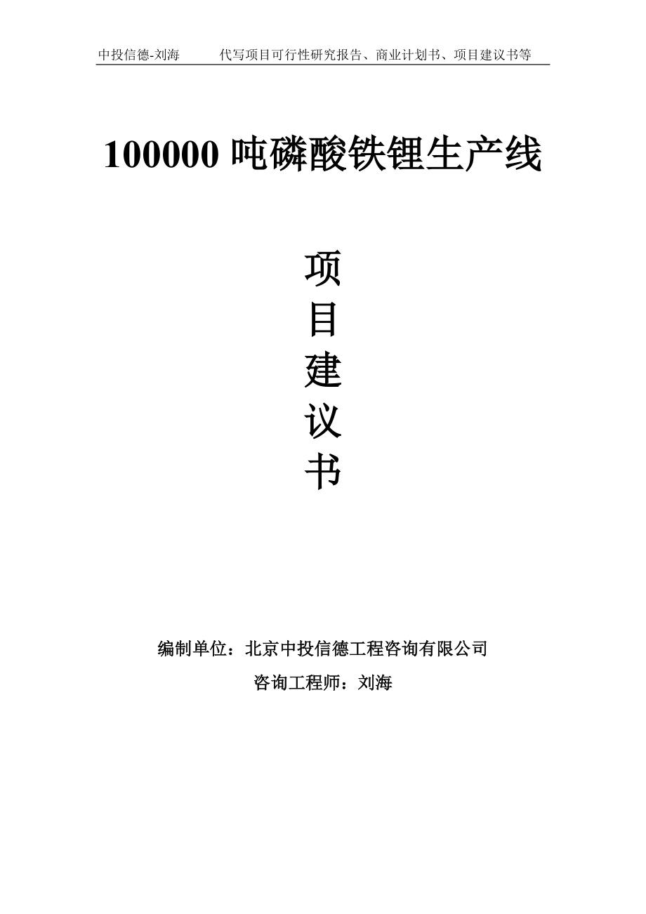 100000吨磷酸铁锂生产线项目建议书-写作模板_第1页