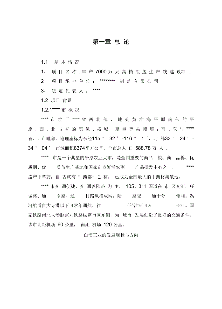 年产7000万只高档瓶盖生产线建设项目可行性实施报告_第1页