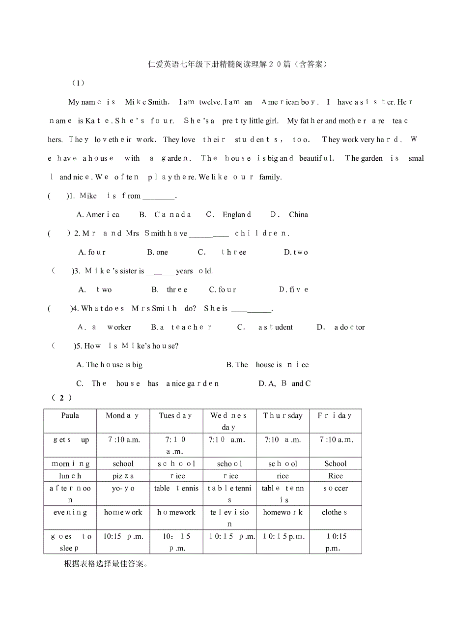 仁爱英语七年级下册精华阅读理解20篇(含答案)_第1页