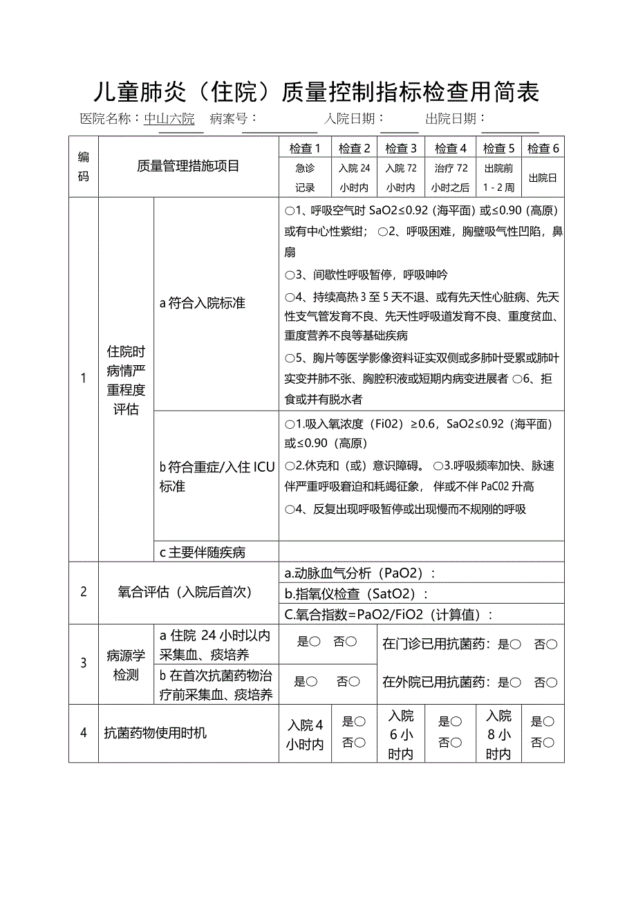 儿童肺炎（住院）质量控制指标检查用简表_第1页