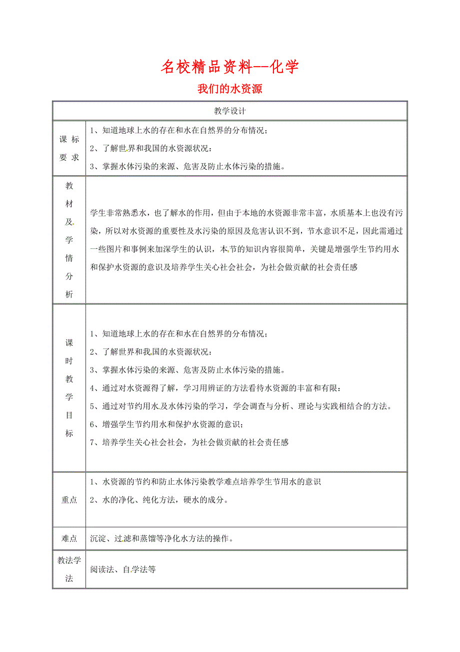 【名校精品】九年级化学上册第4章生命之源水4.1我们的水资源第1课时教案粤教版_第1页