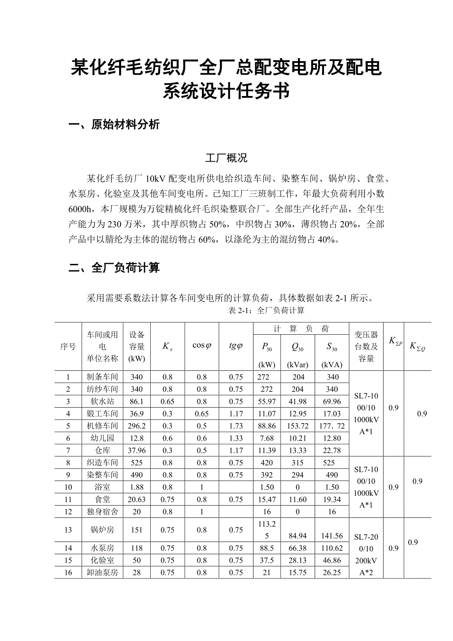 某化纤毛纺织厂全厂总配变电所及配电系统设计任务书_第1页