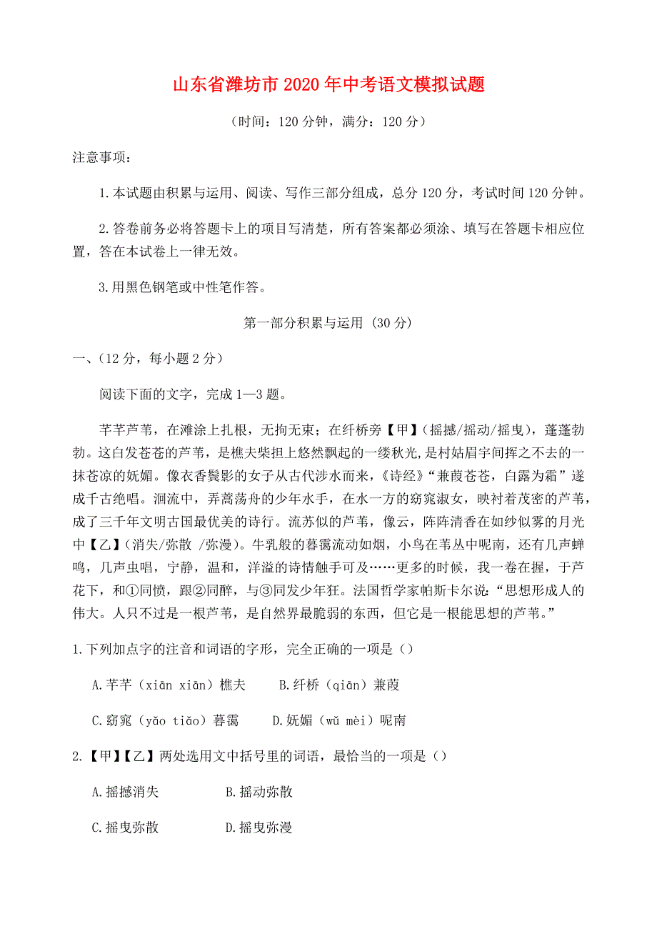 山东省潍坊市2020年中考语文模拟试题_第1页