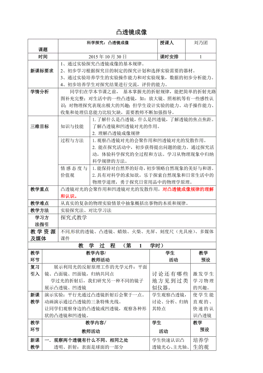 最新【沪科版】八年级物理4.5 科学探究：凸透镜成像教案_第1页