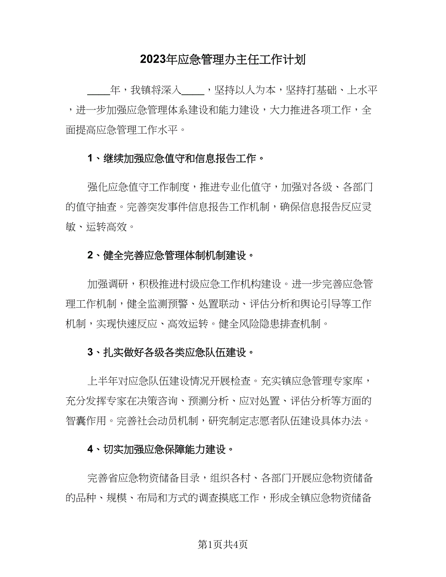 2023年应急管理办主任工作计划（2篇）.doc_第1页