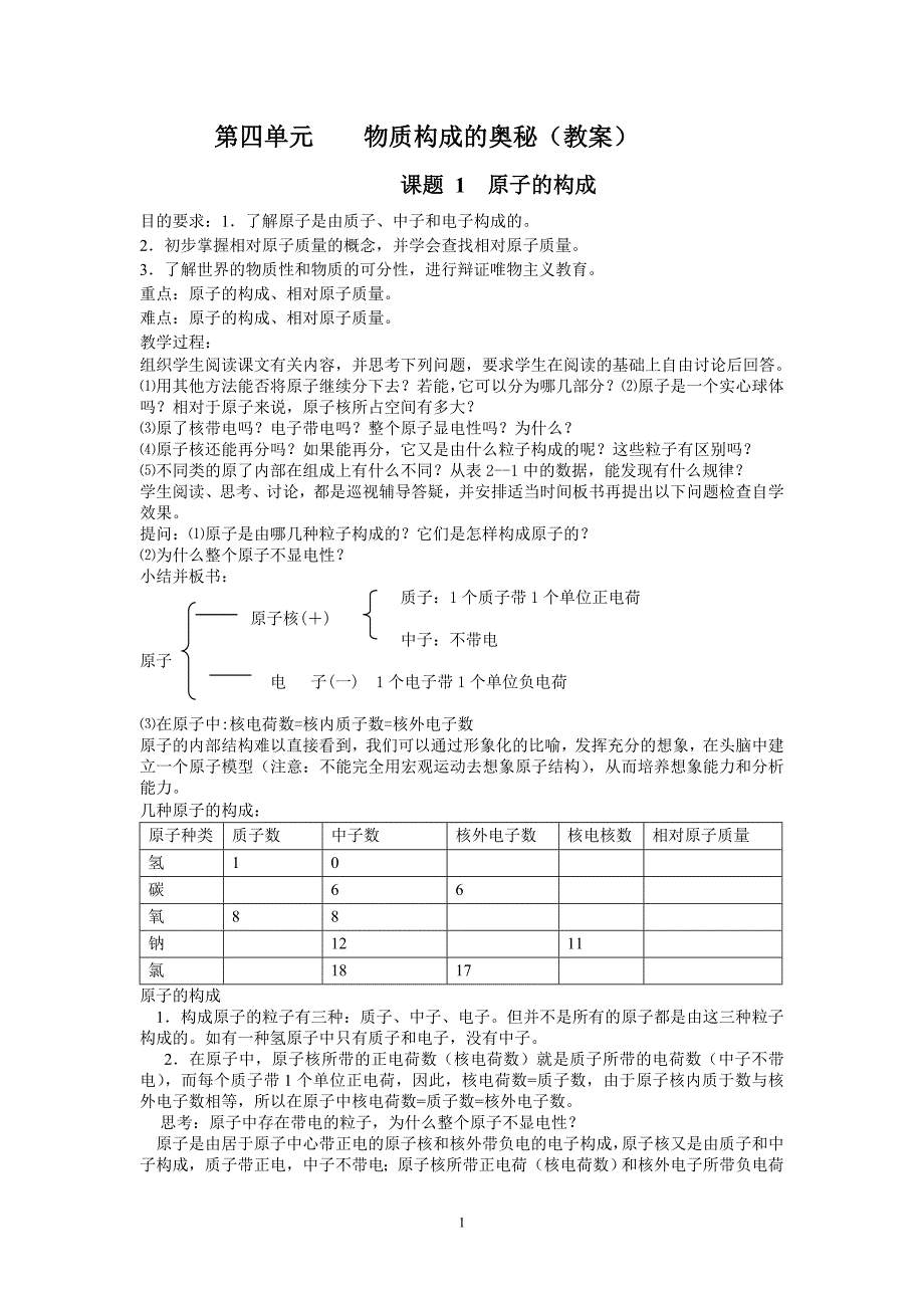 第四单元物质构成的奥秘（教案）.doc_第1页