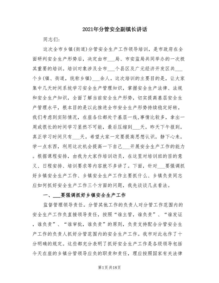 2021年分管安全副镇长讲话.doc