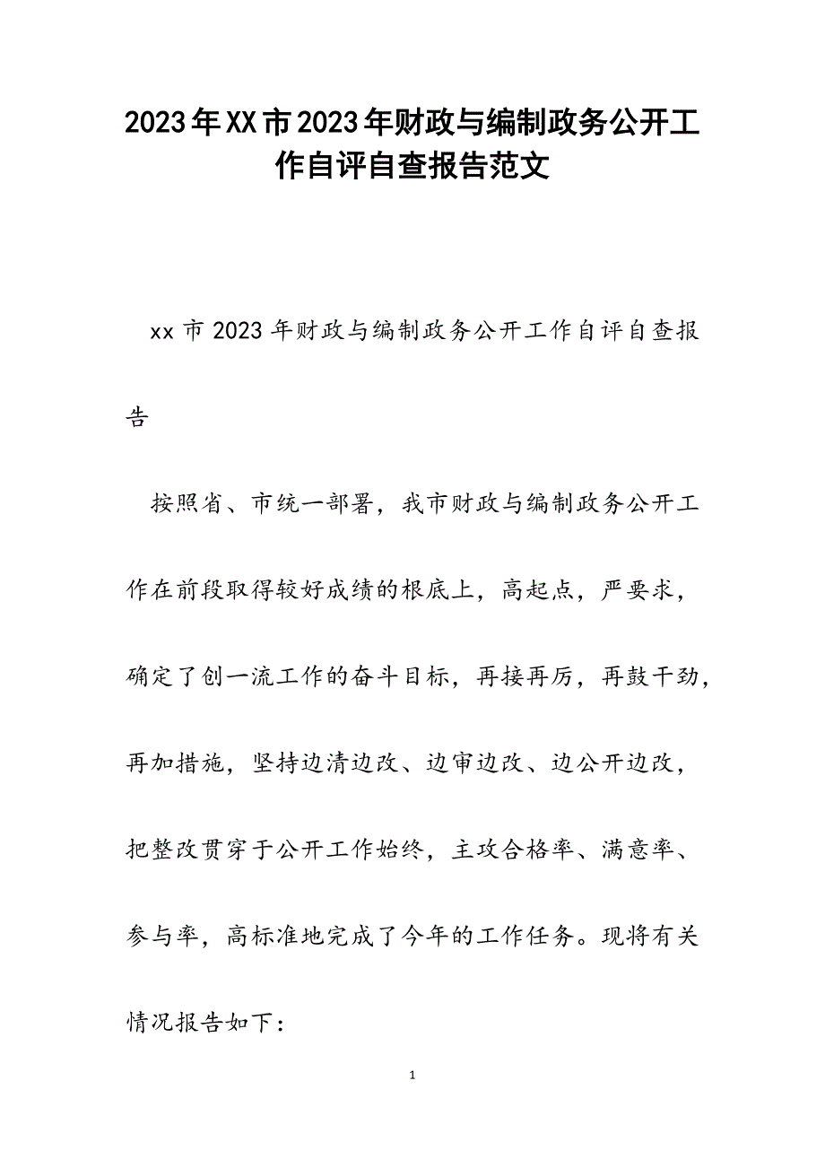 XX市2023年财政与编制政务公开工作自评自查报告.docx_第1页