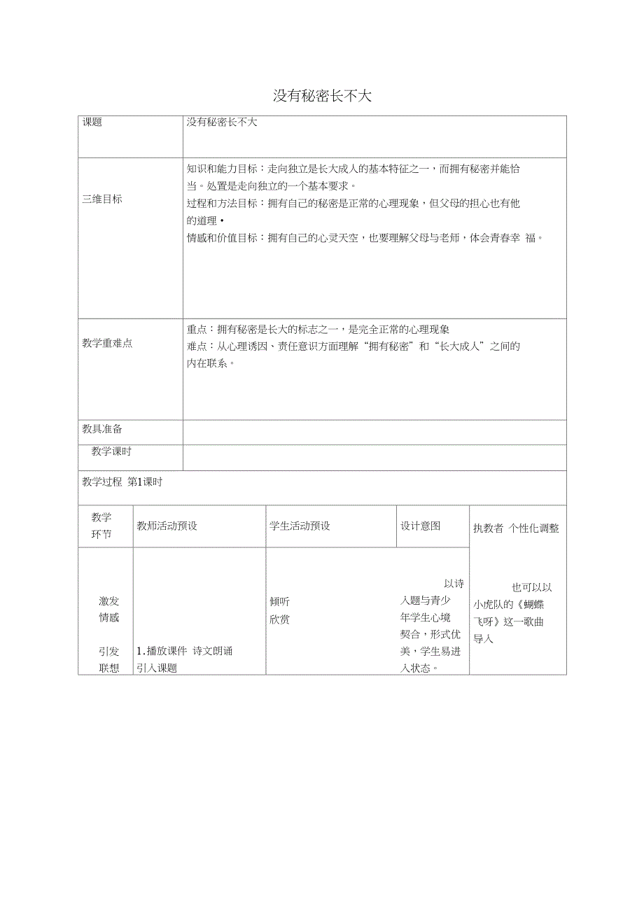 2016年秋八年级政治上册第5课没有秘密长不大教案人民版_第1页