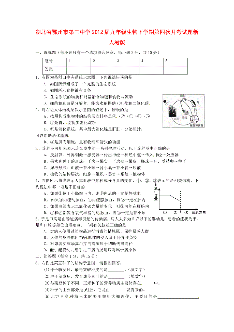 湖北省鄂州市2012届九年级生物下学期第四次月考试题 新人教版_第1页