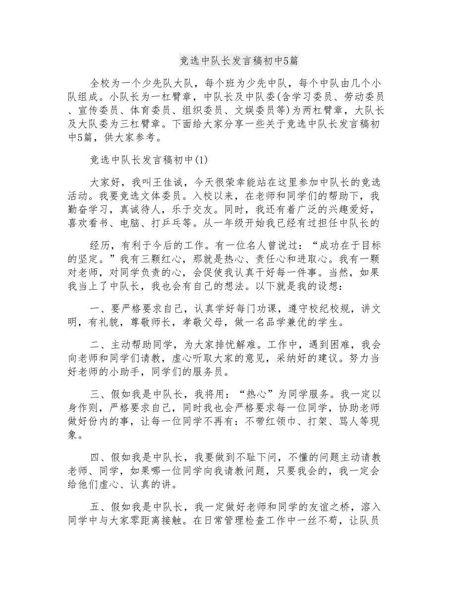 竞选中队长发言稿初中5篇_第1页