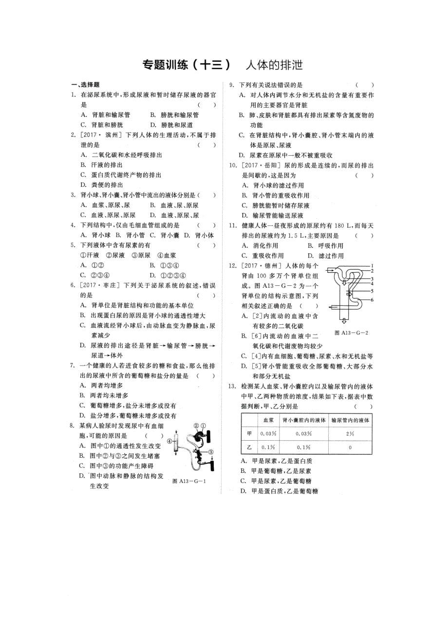 八年级科学上册 第五章 人体的物质和能量的转化 第4节 人体的排泄同步练习扫描版无答案新版华东师大版_第5页