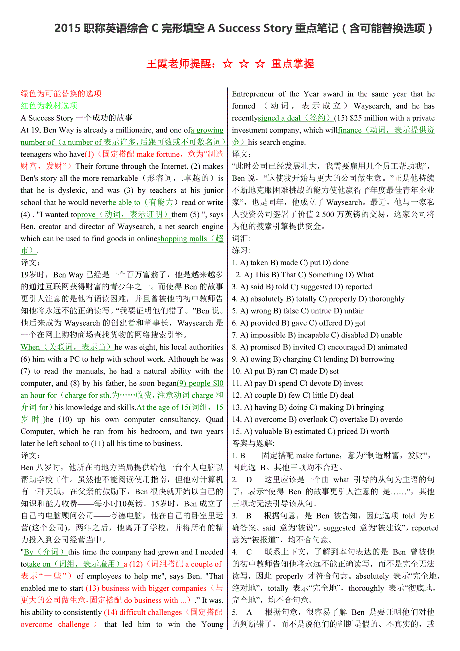 2015职称英语综合C完形填空 必考题 A Success Story重点笔记 含可能替换选项_第1页