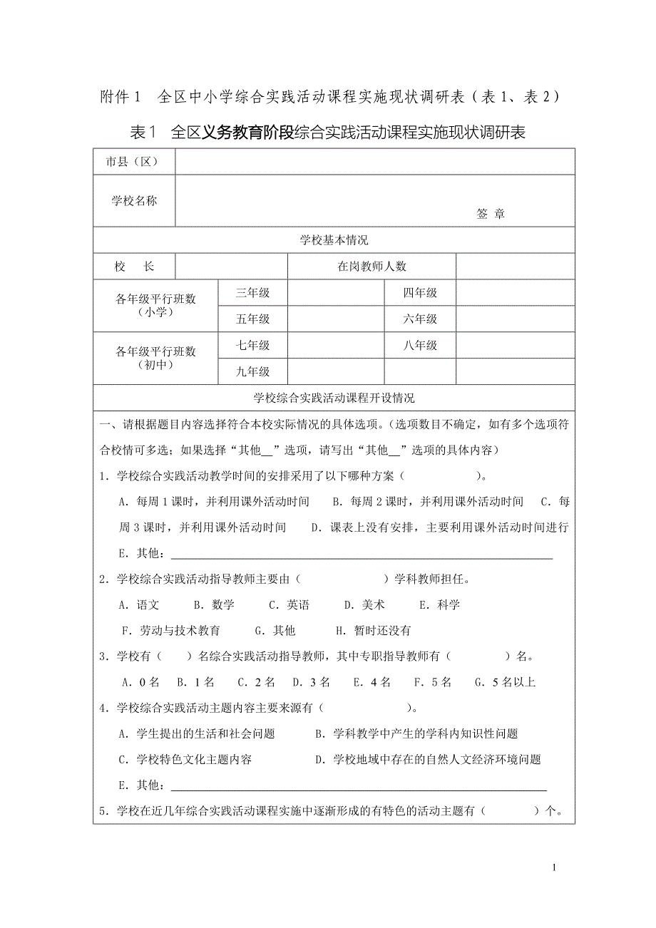 综合实践活动课程实施现状的调研附件1附件2_第1页