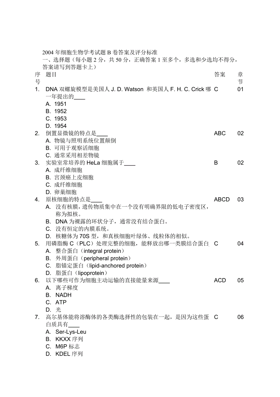 2004细胞生物学考试题B卷答案及评分标准_第1页