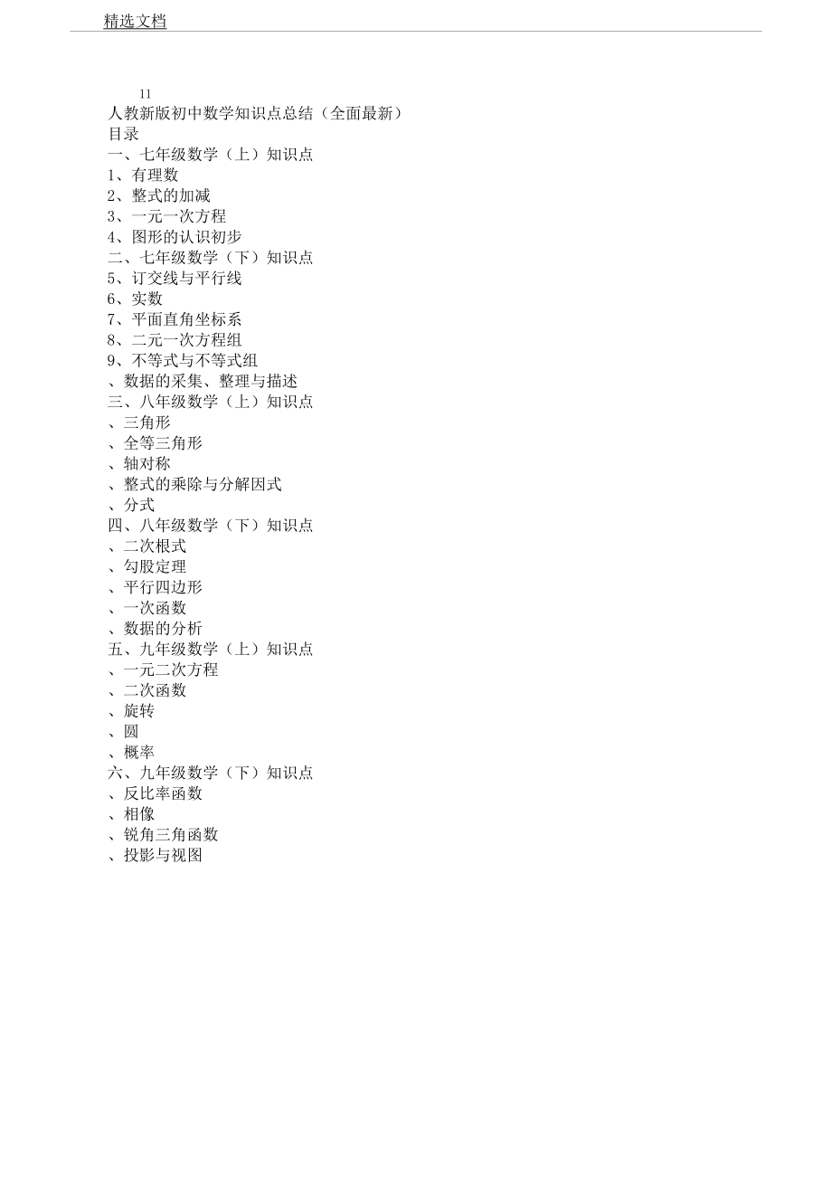 人教版初中数学知识总结点计划及每章节重难点.docx_第1页
