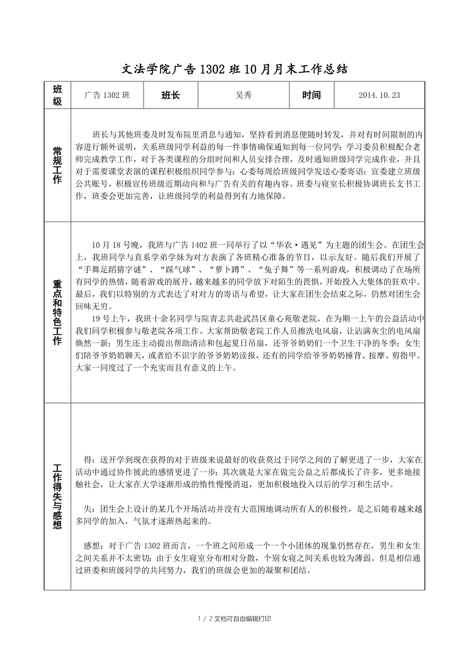 班级月末工作总结表_第1页