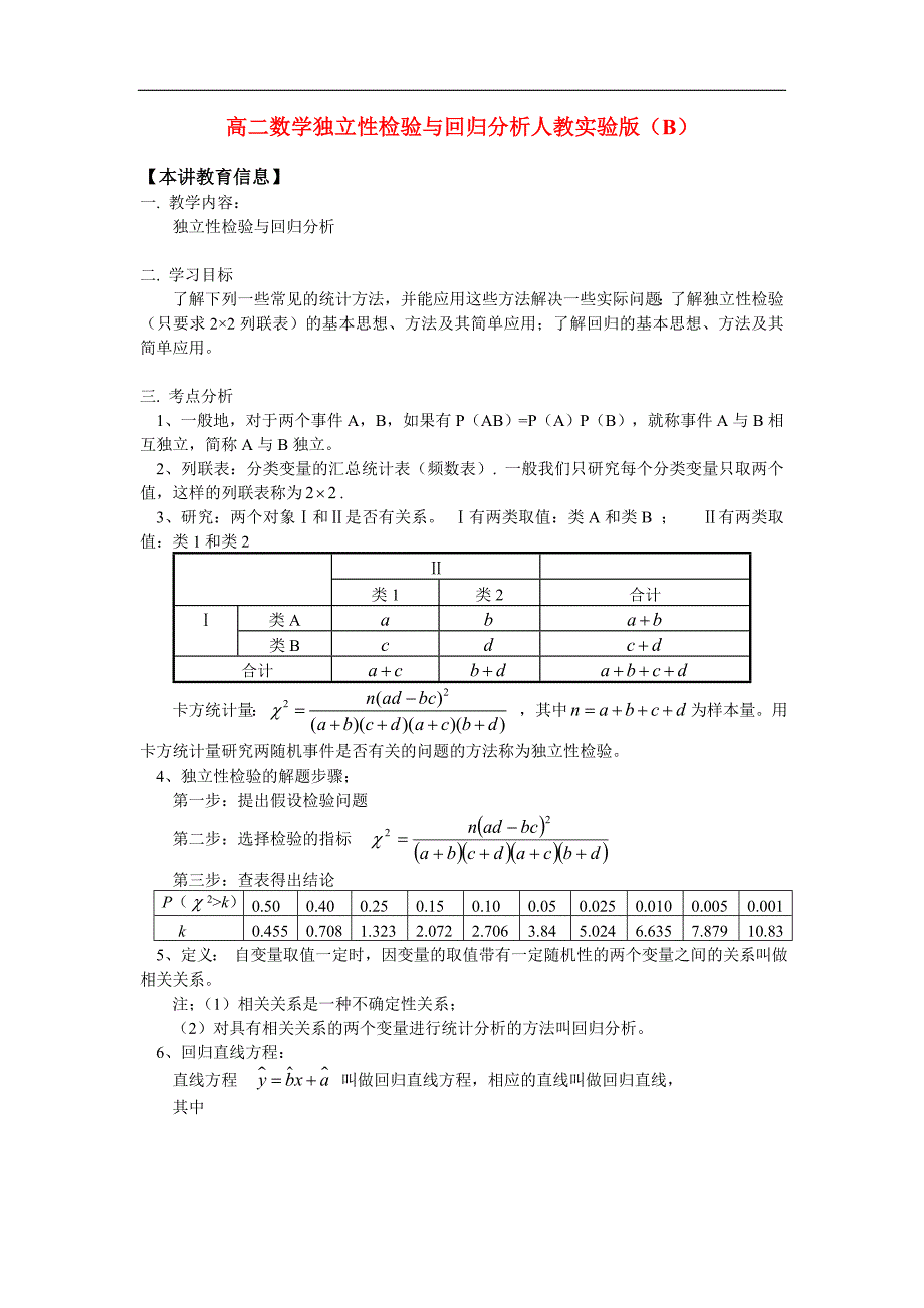 高二数学独立性检验与回归分析人教实验版B知识精讲_第1页