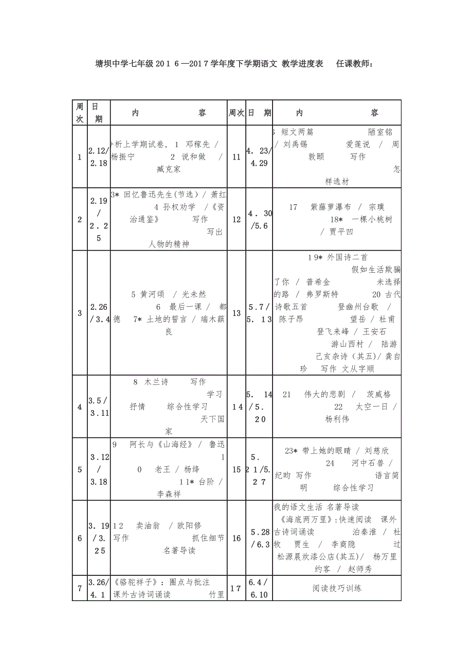 七年级下册语文教学进度计划_第1页