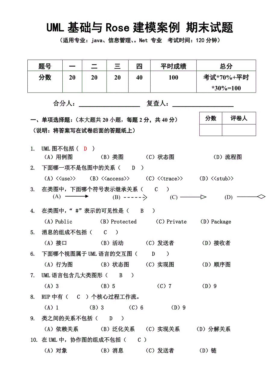 《UML基础与Rose建模案例》期末试题_第1页