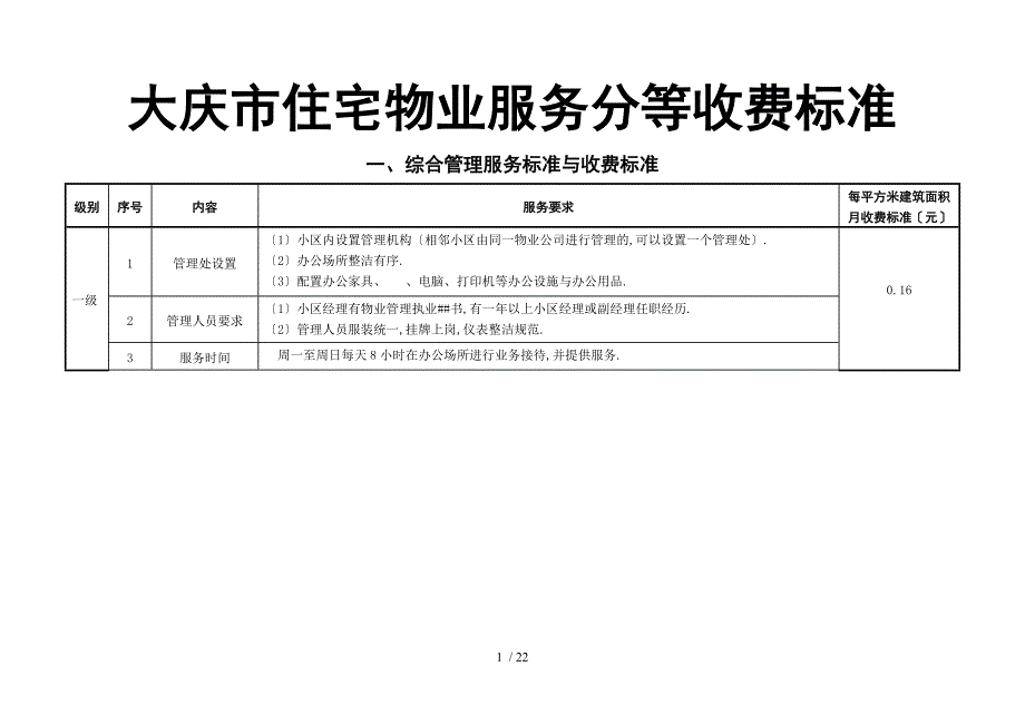 大庆市住宅物业服务分等收费标准_第1页