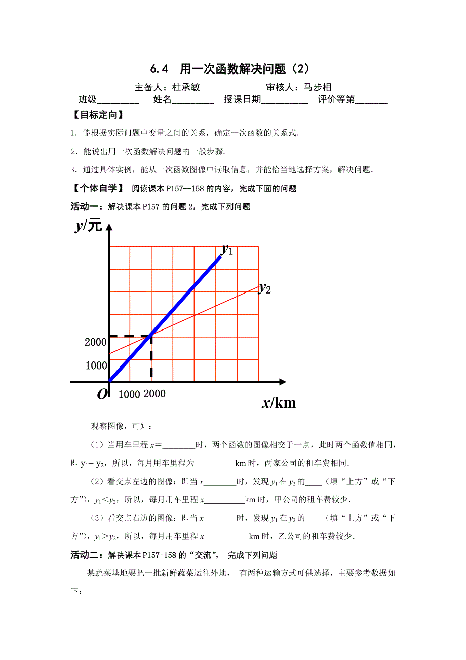 用一次函数解决问题（2）季桥中学杜承敏_第1页