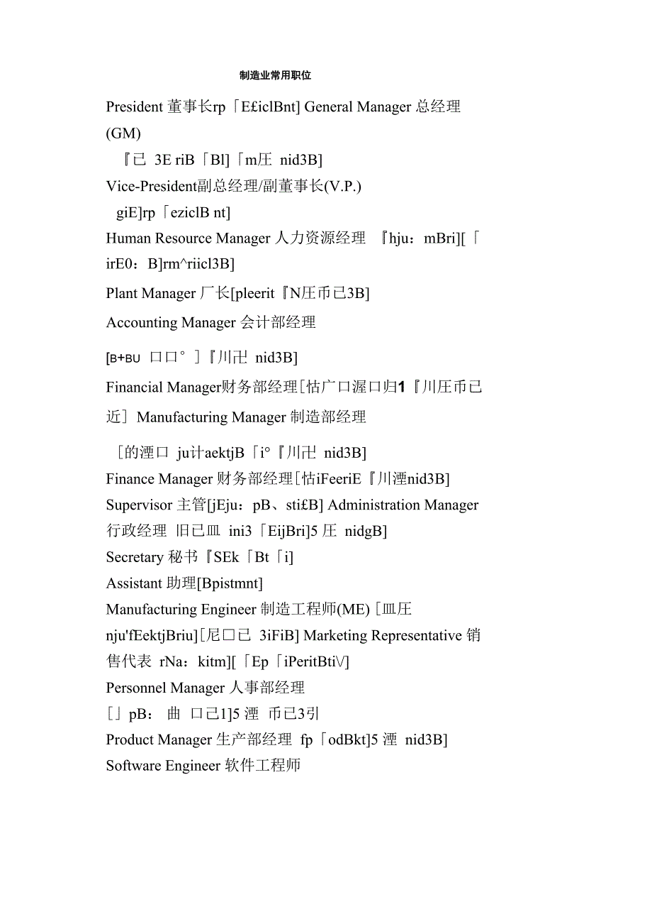 制造业常用职位_第1页