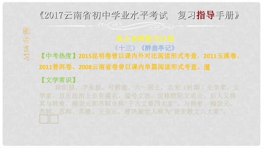 云南省中考语文 专题一 文言文阅读 本土名师复习计划（十三）《醉翁亭记》复习课件_第1页