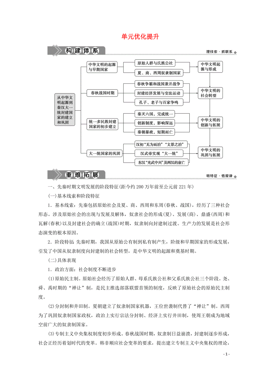 新教材高中历史 第一单元 从中华文明起源到秦汉统一多民族封建国家的建立与巩固单元优化提升学案 新人教版必修《中外历史纲要（上）》_第1页