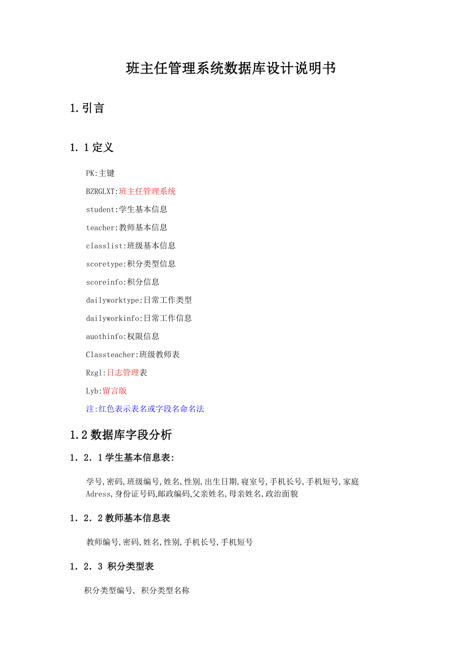 班主任管理系统数据库设计说明书-JAVA毕业设计论文_第1页