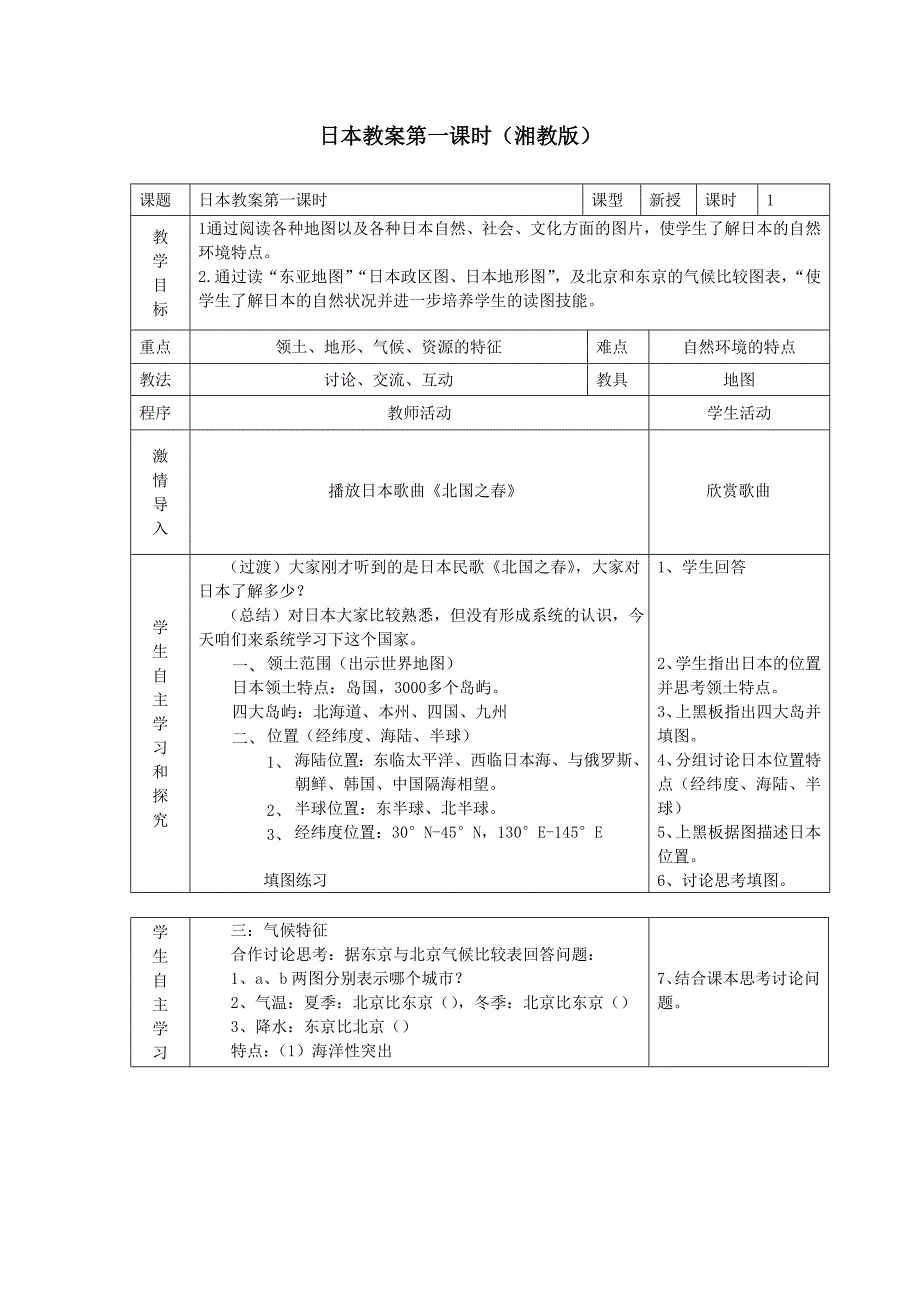 新湘教版七年级地理下册八章走近国家第一节日本教案14_第1页