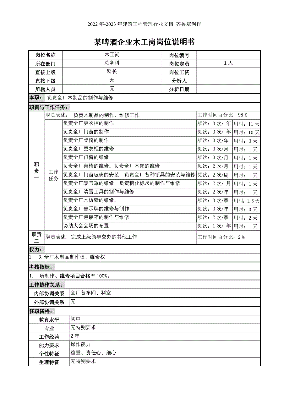 某啤酒企业木工岗岗位说明书_第1页