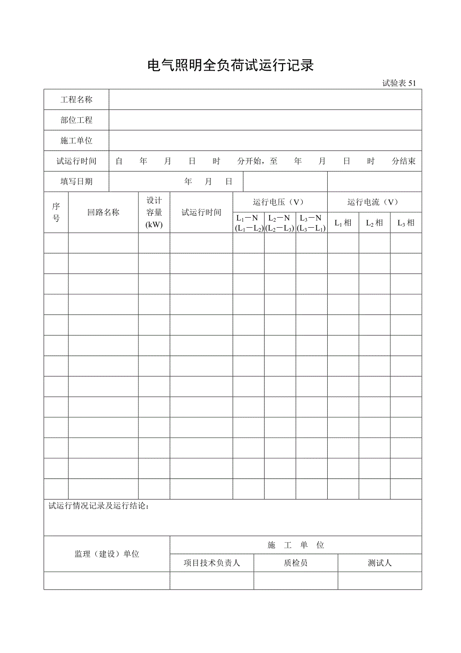 试验表51电气照明全负荷试运行记录_第1页