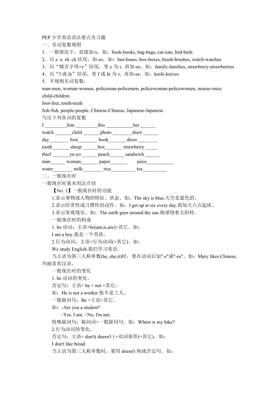 PEP小学英语语法要点及习题_第1页